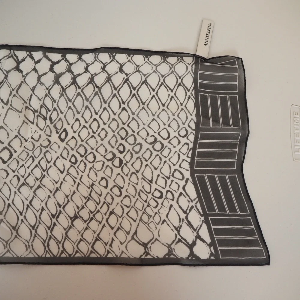 Anne Klein 100% Silk Scarf Oblong Black & White Geometric Animal Print 11" x 53" - Picture 6 of 10